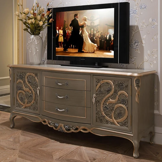 Luxury classic fancy antique paint TV stand French royal style living room furniture solid wood carved console table TV cabinet