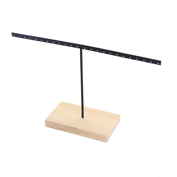 SHI SHENG Newly Black Metal T-shaped Jewelry Shelf with Wooden Bottom for Earrings Necklace Pendant Jewelry Display Stand