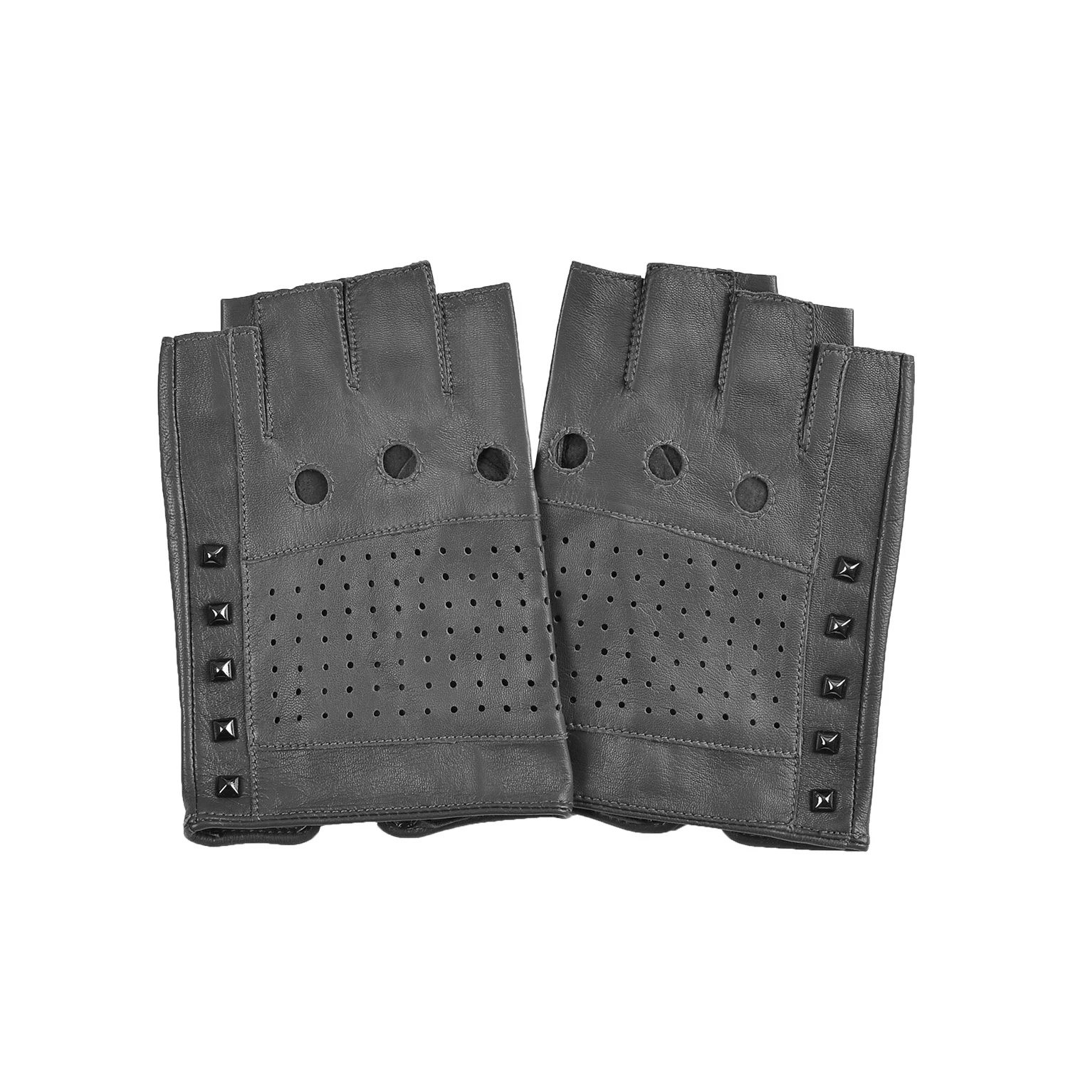 Black Brown Grey Unlined Fashion Studded Mens Fingerless Half Finger Driving Fitness Motorcycle Cycling Leather Gloves