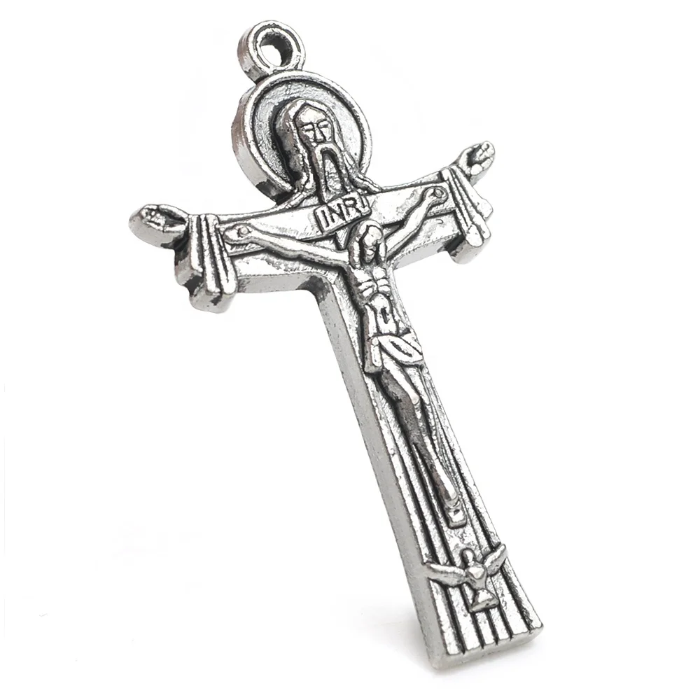 Religious Catholic 40x25mm Rosary Cross Silver Alloy Medal Jesus Crucifix Pendant