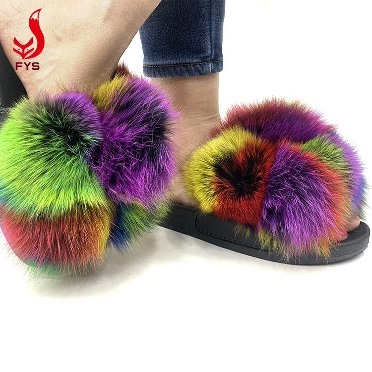 
Bright color custom women toddler furry fox slides luxury girls indoor fur bed slippers 