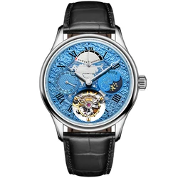Top grade cow leather strap power show multi function tourbillon waterproof men mechanical watch