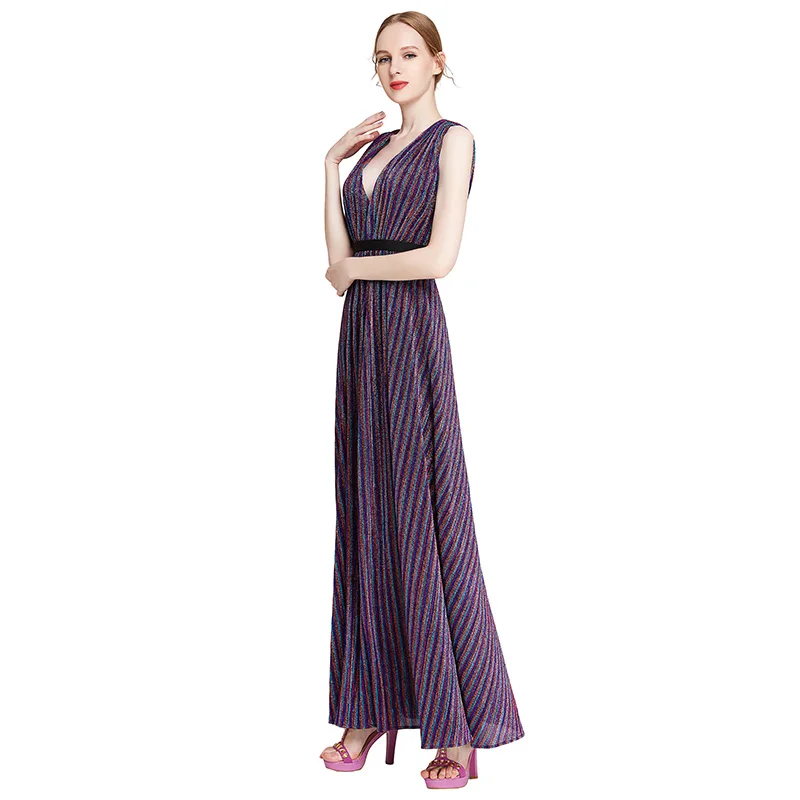D014 Party maxi dress evening woman pleat stripe deep V-neck prom long dresses for women