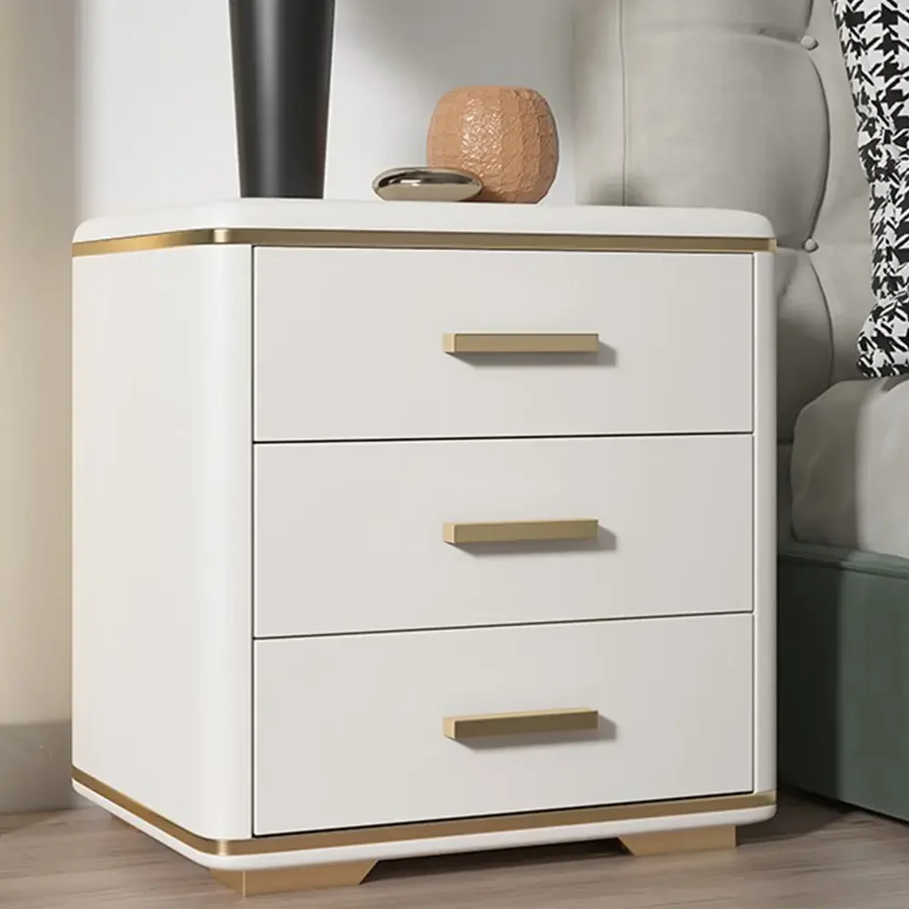 Luxury Nordic Bedroom furniture Nightstand White Gold Khaki cream color Solid Wood MDF 3 Drawers Bedside Tables