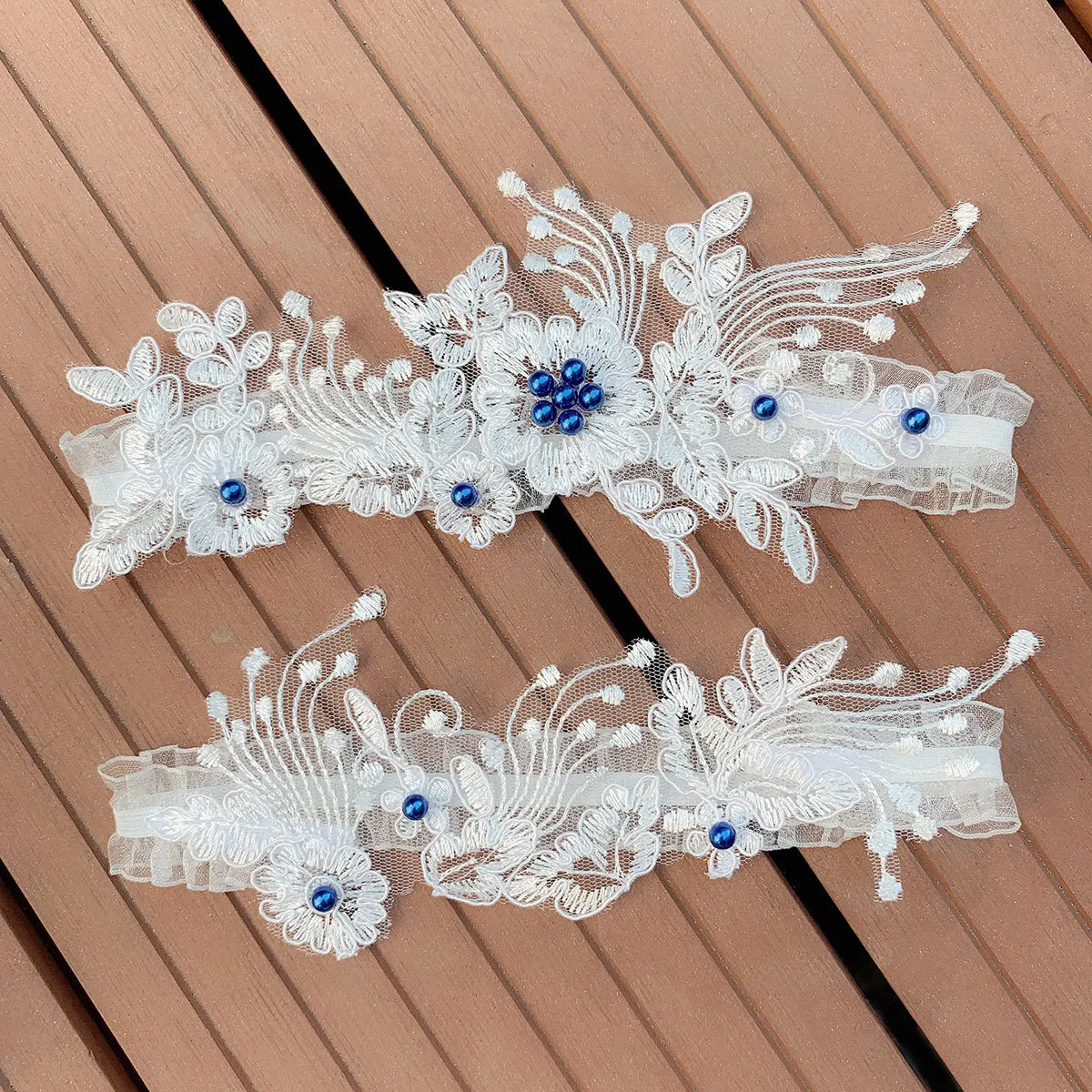 LW-34 Sexy Lace Flower Crystal Rhinestones Pearls Wedding Garter Belt for Bridal Thigh Leg decoration