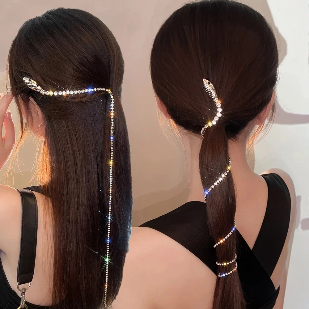 Full Rhinestone Snake Hair Band for Hair Women Long Tassel Crystal Headband Accessories Wedding Accessories Hair Jewelry