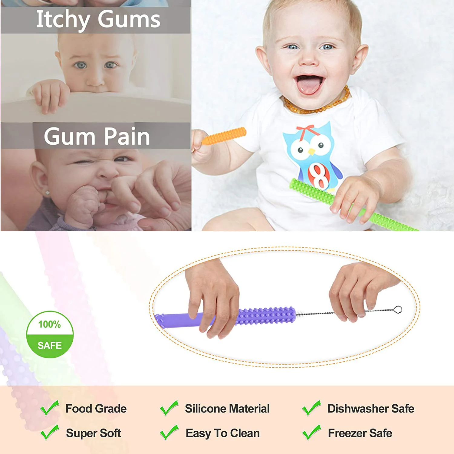 Amazon Hot Sell Hollow Teething Tubes Chew Stick Teether Baby Molar Stick Soft Silicone Toy