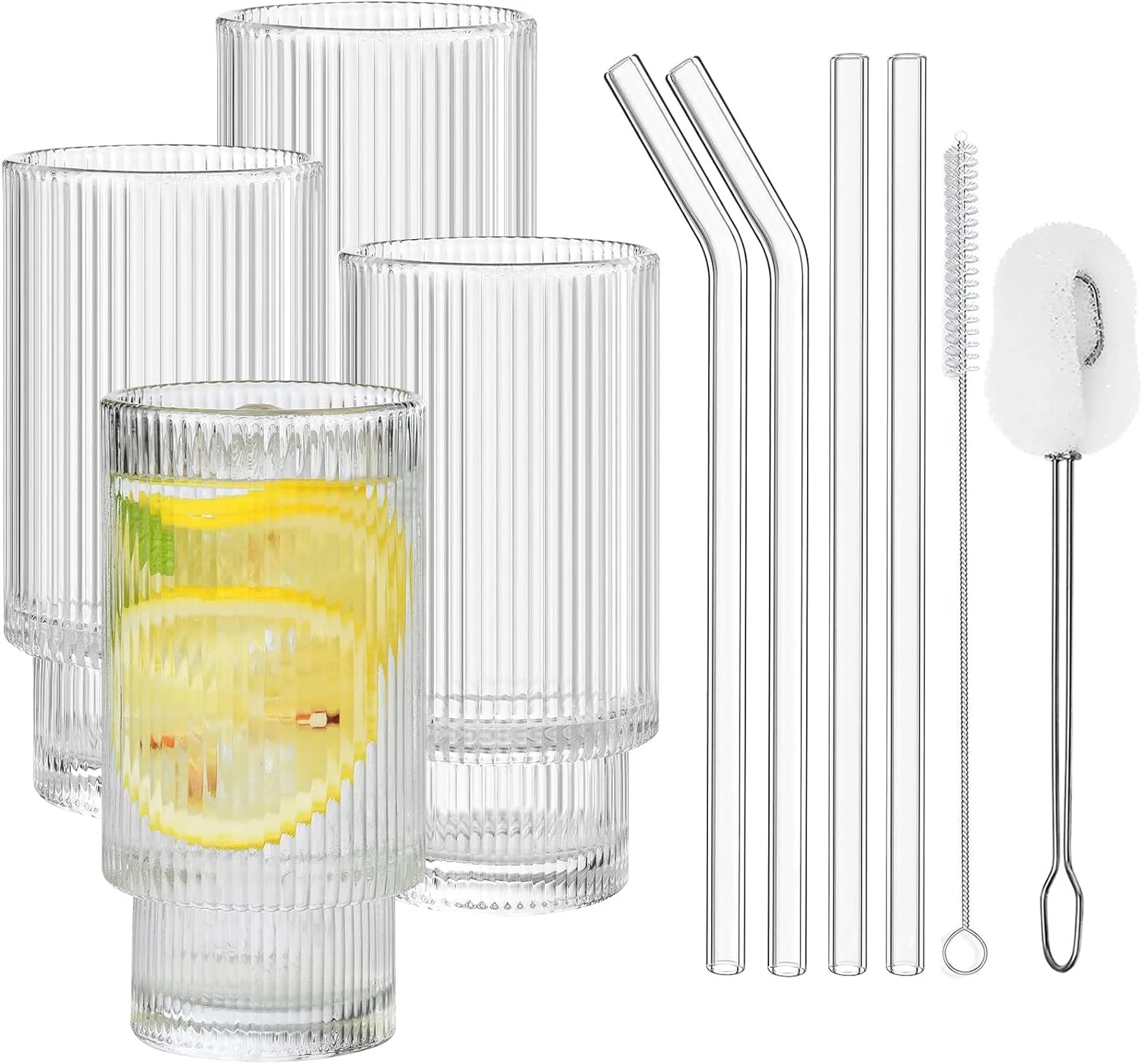 Glass Tumbler for Cocktail, Whiskey, Beer, Water- 2 straws Brush Ribbed Glassware Drinking Glasses with Straws and Bamboo Lids