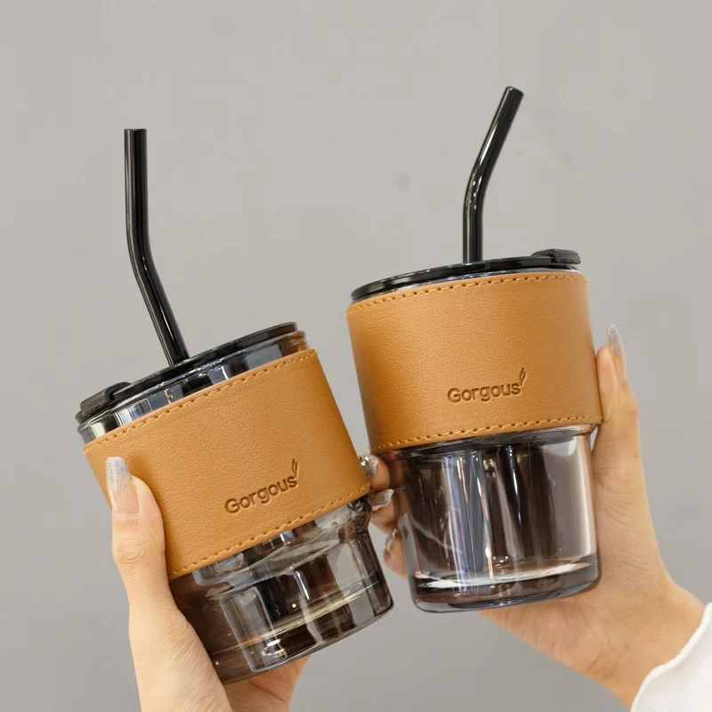 High quality leakproof double wall clear juice drinking tumbler borosilicate travel glass coffee cup mugs with sleeve/straw