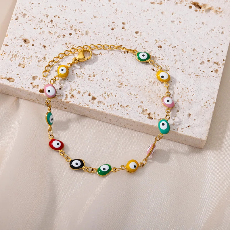 18K Gold Plated Metal Chain Bracelet European and American Simple Fashion Multicolor Eye Jewelry