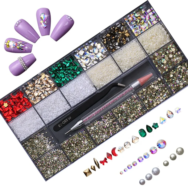 Wholesales Nail Art Sticker Rhinestone Multi Shape Colorful AB Glass Crystal Stone Decoration  Golden Flat Back Nail Art