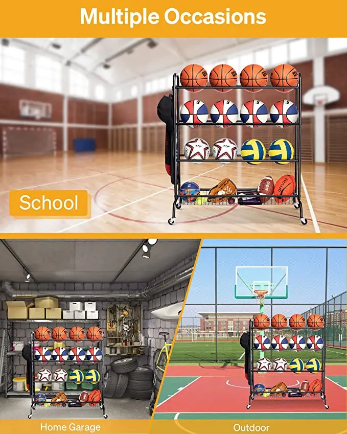 Sports Equipment Storage with Wheels, Four-Layer Organizer Holder with Two Basket for Basketballs Footballs Volleyball