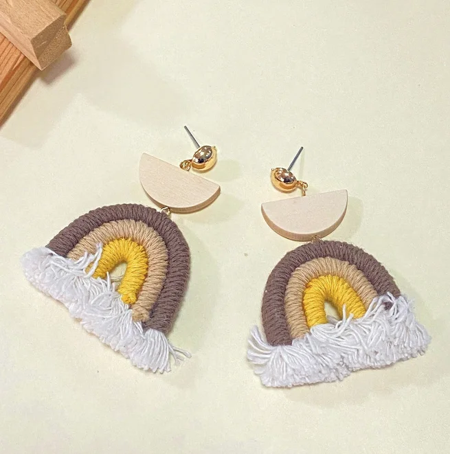 Bohemia Popular handmade rainbow fringe wood splicing versatile personalized earrings for women