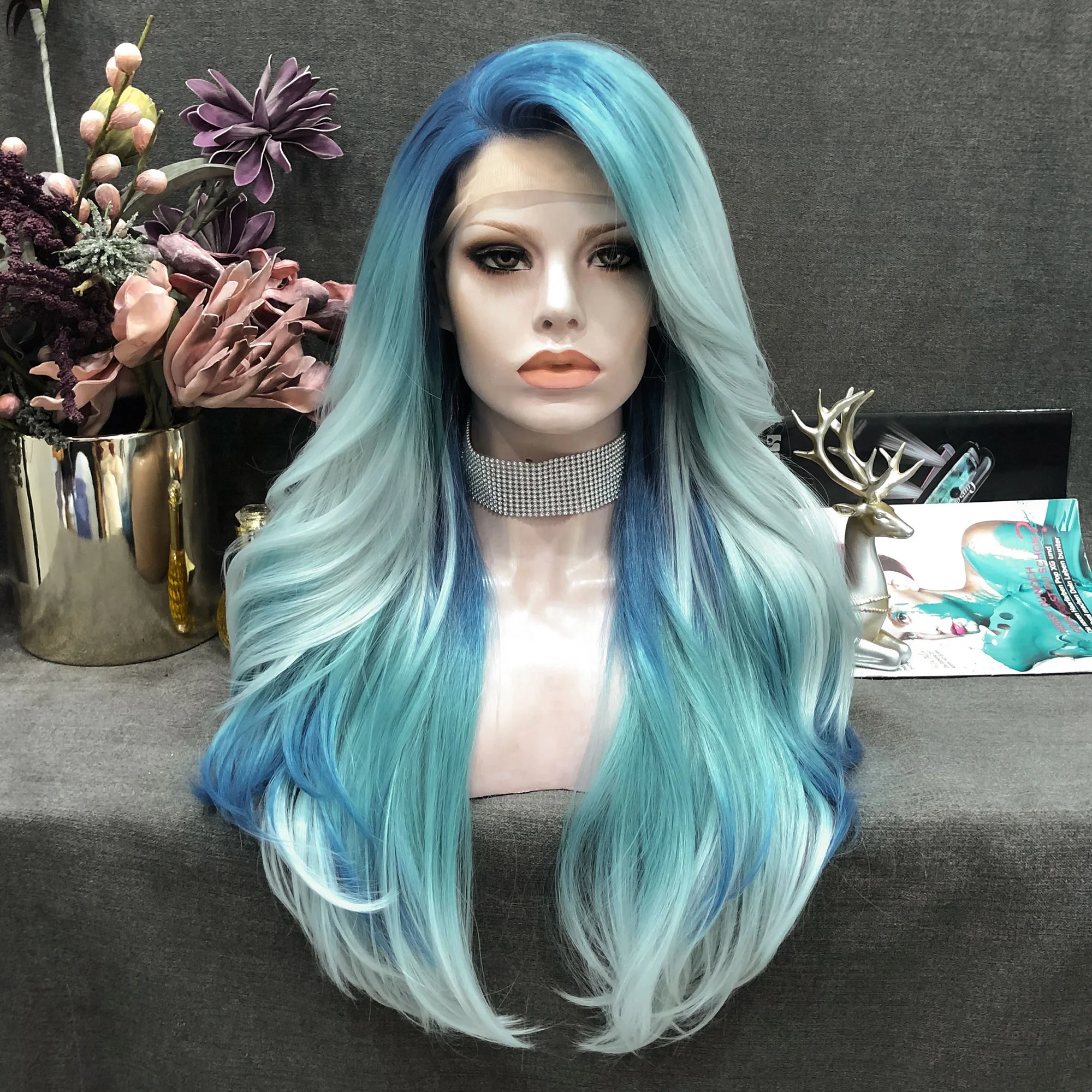 Celebrity Cheap Blue Heat Resistant Fiber Hair Synthetic Lace Front Wigs For Women
