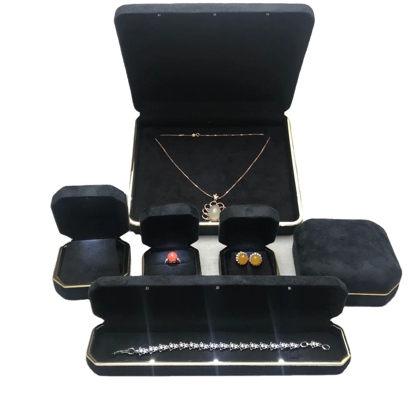 Wholesale Jewelry Box Manufacturer Fashion Custom Suede Led Jewelry Set Box Pu Leather Necklace Box With Logo