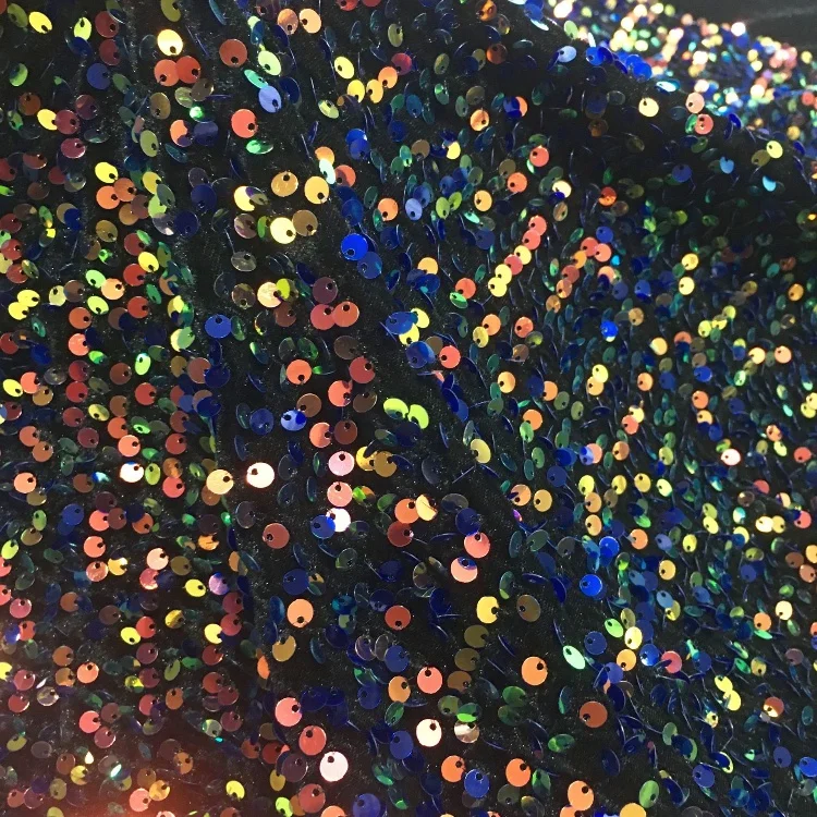In Stock 37 colors 5mm large Shiny Multi-color Holographic 100Polyester Stretch Embroidered Sequin Velvet Fabric for Dress