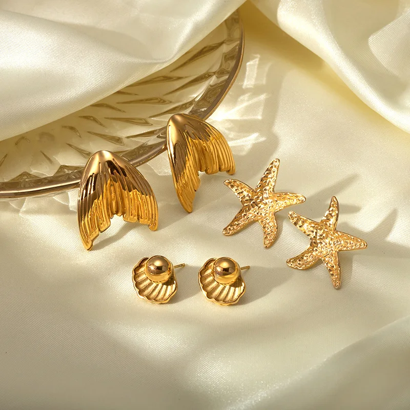 YW 18k Gold Plated Trendy Fashion Jewelry Fish Tail Shell Stainless Steel Earrings For Women Stud Earring Starfish Earrings