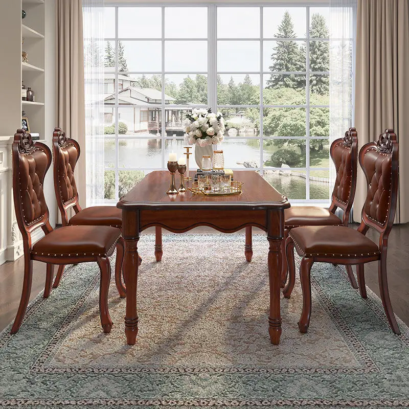Classic American Antique Style Dinning Table Set for 6 High-end Solid Wood Rectangular Household Elegent Dining Table