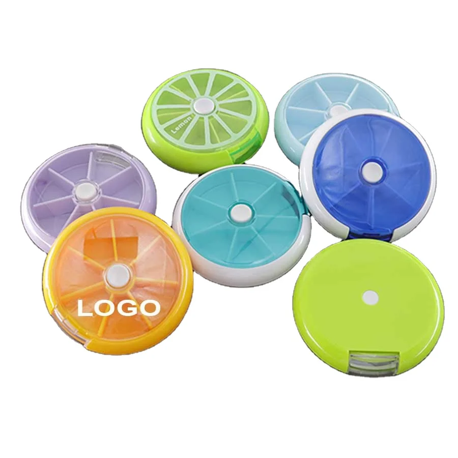 Custom Branded 7 Days Pill  Dispenser Travel Pocket Pill Box Round Rotatable Plastic Storage Container