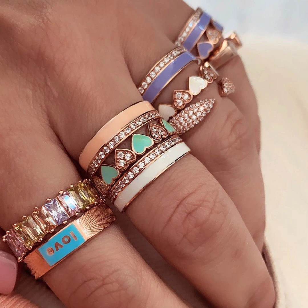 Hot Sale Gold Plated Simple Design Enamel CZ Ring Oil Drip Heart Charm Eternity Ring