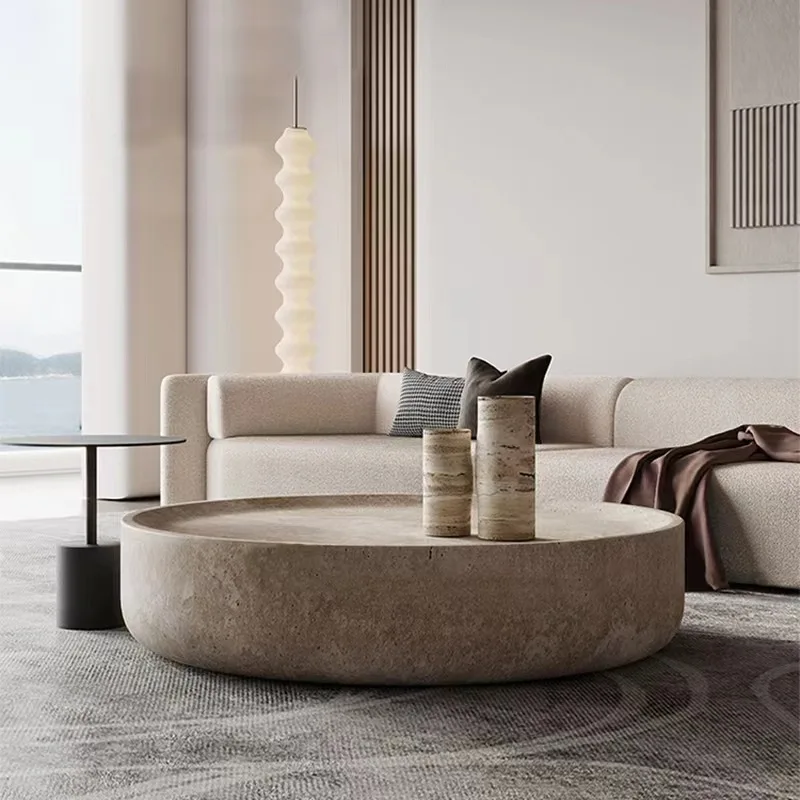 HZX Minimalist Style Wabi-Sabi round Coffee Table Artificial Stone with Household Likeness Inspired by Marble Travertine