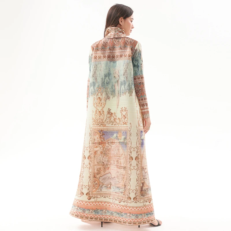 Factory Customized Miyake Open Abaya Print Kaftan Robes Pleated Lady Coat Commuting  Casual Long Dress Mid-East