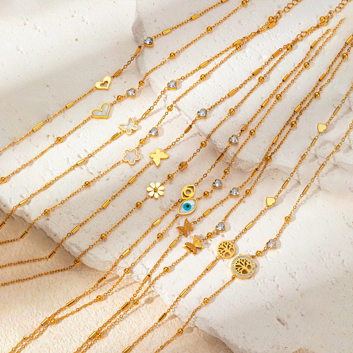 Non Tarnish Double Layer Foot Chain 18K Gold Plated Evil Eye Flower Heart Butterfly Ankle Bracelet 2024 Stainless Steel Anklet