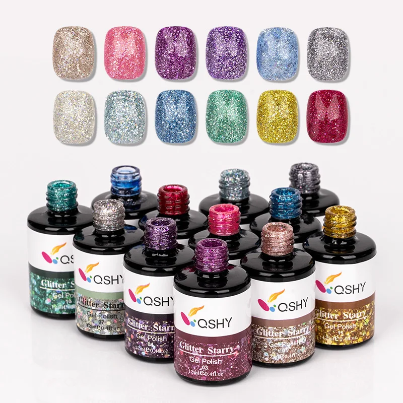 QSHY 12 Colors Flash Gel nail polish Private Label High shine nail art uv led reflective Glitter Starry Gel