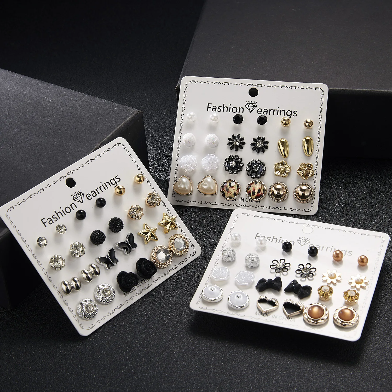 wholesale fashion jewelry 12 pairs/set love flower rhinestone pearl earrings set for women
