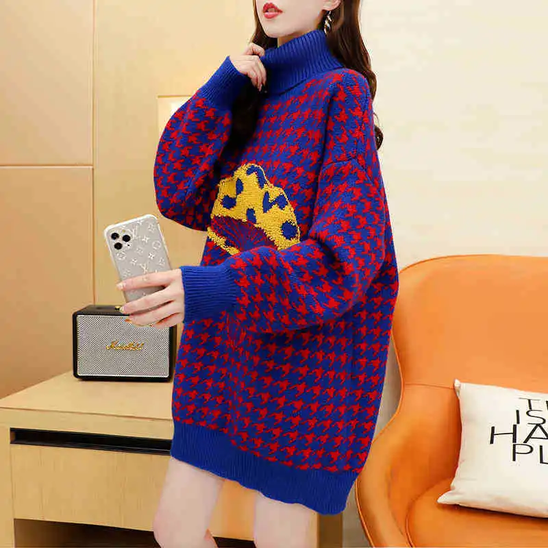 Winter turn down collar thick grid women warm pullover sweater
