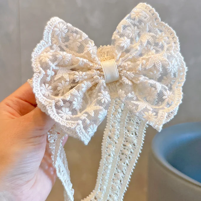 Korean Style Beige Embroidery Lace Bow Infant Baby Girls Hair Band Pearl Crown Cute Soft Bowknot HairBand Hair Accessories