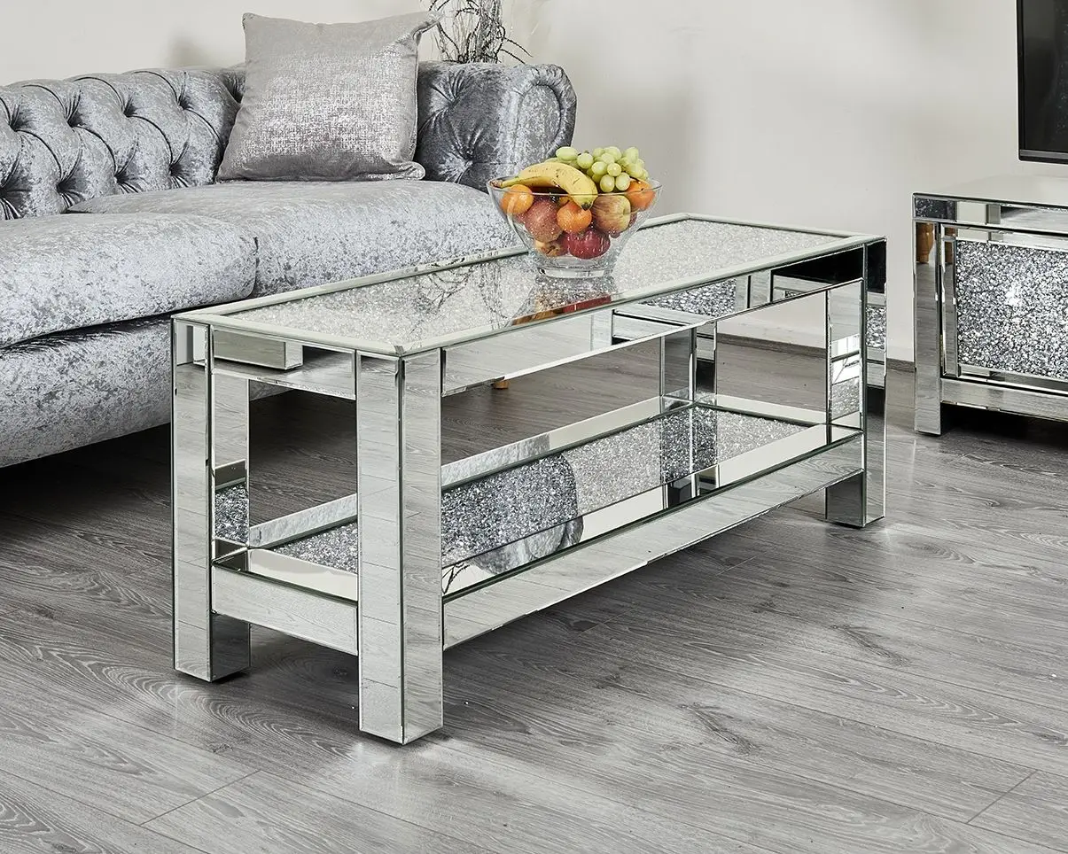 Sparkly 2 Tire Crushed Diamond Slim Glass Coffee Table Luxury Crystal Living Room Center Table for Lounge