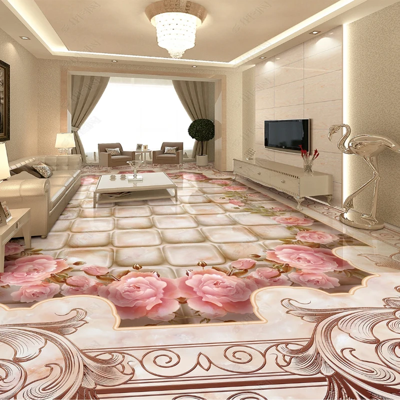 Printing 3d Floor Stickers Marble Pattern Wallpaper For Bedroom Walls Mosaic Romantic Pink Rose Floor Sticker Waterproof