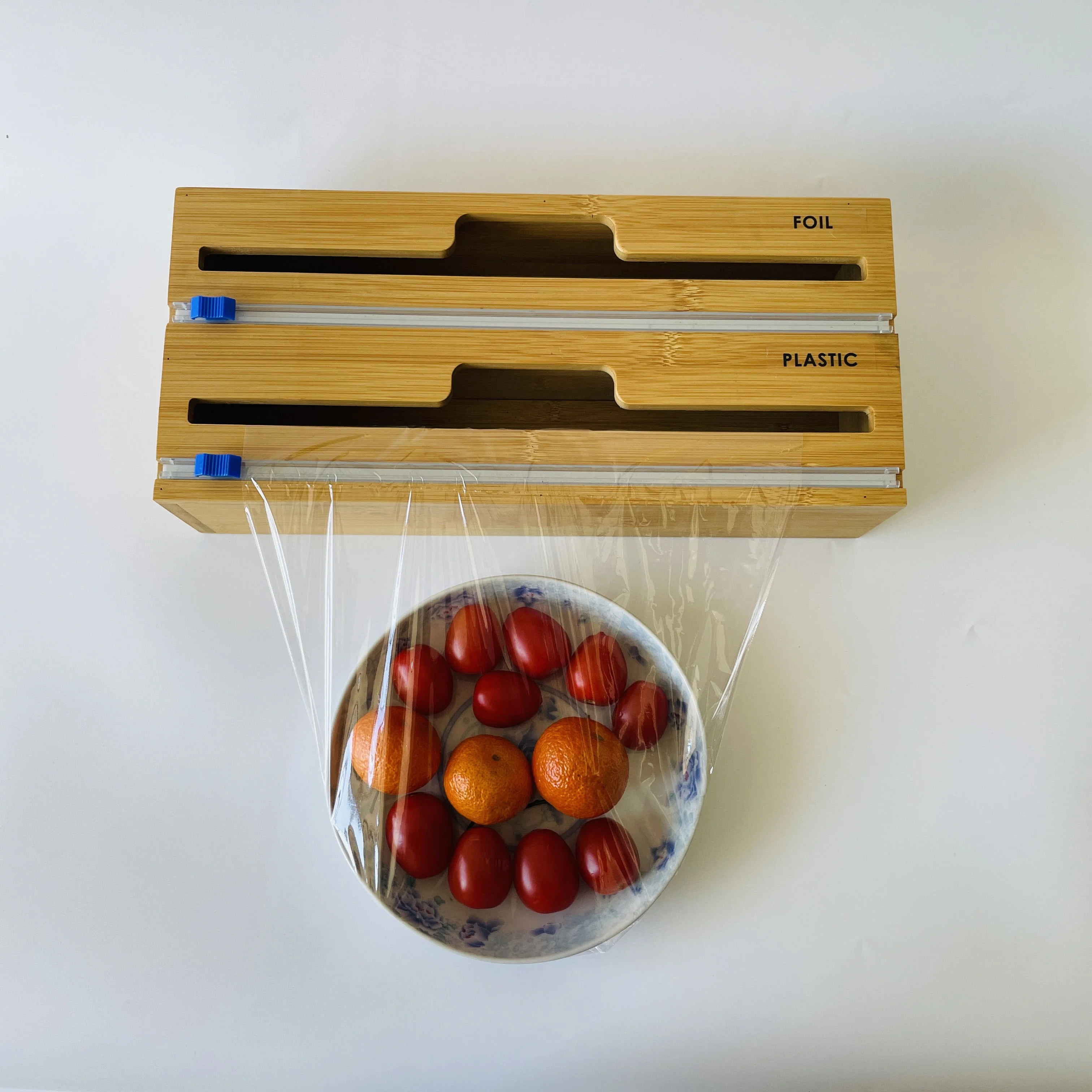 Kitchen accessories drawer wood bamboo roll organizer holder 2 in 1 foil and plastic wrap dispenser with cutter