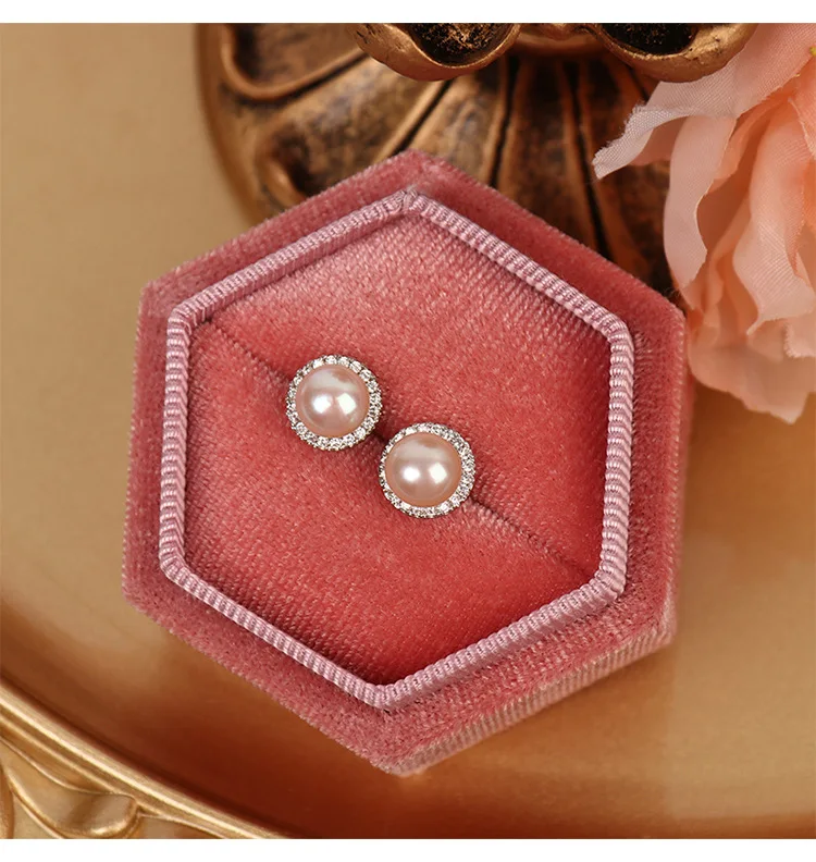 Wholesale S925 Sterling silver needle natural freshwater Pearl 8mm stud earrings set with diamond simple classic earrings