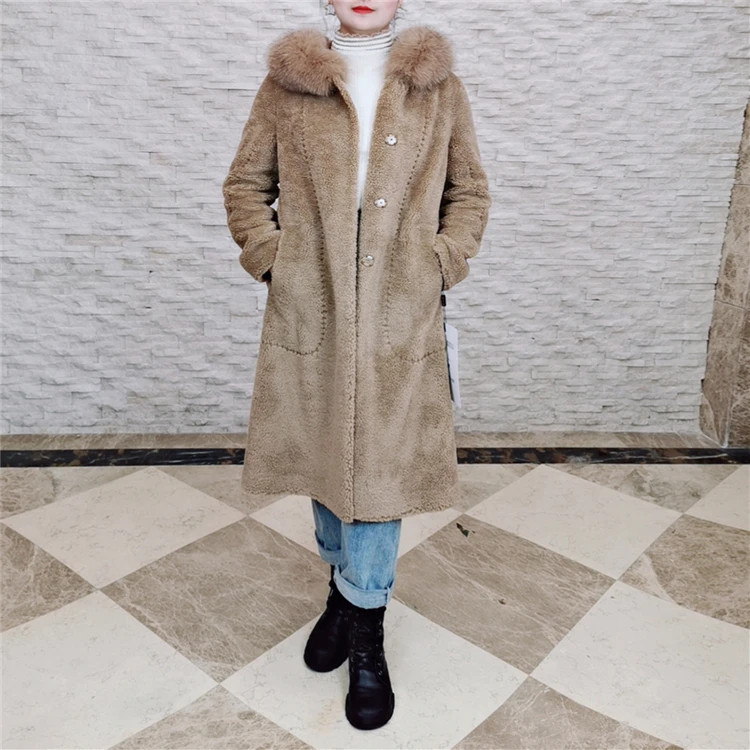 
New women lambs wool coat winter shearling warm coat hooded plus size Lady brown jacket 