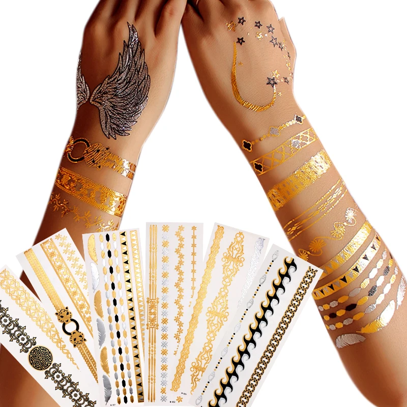Beauty sticker Gold metallic tattoos Nice metallic shine and these metallic temporary fake tattoos will stay on for several days