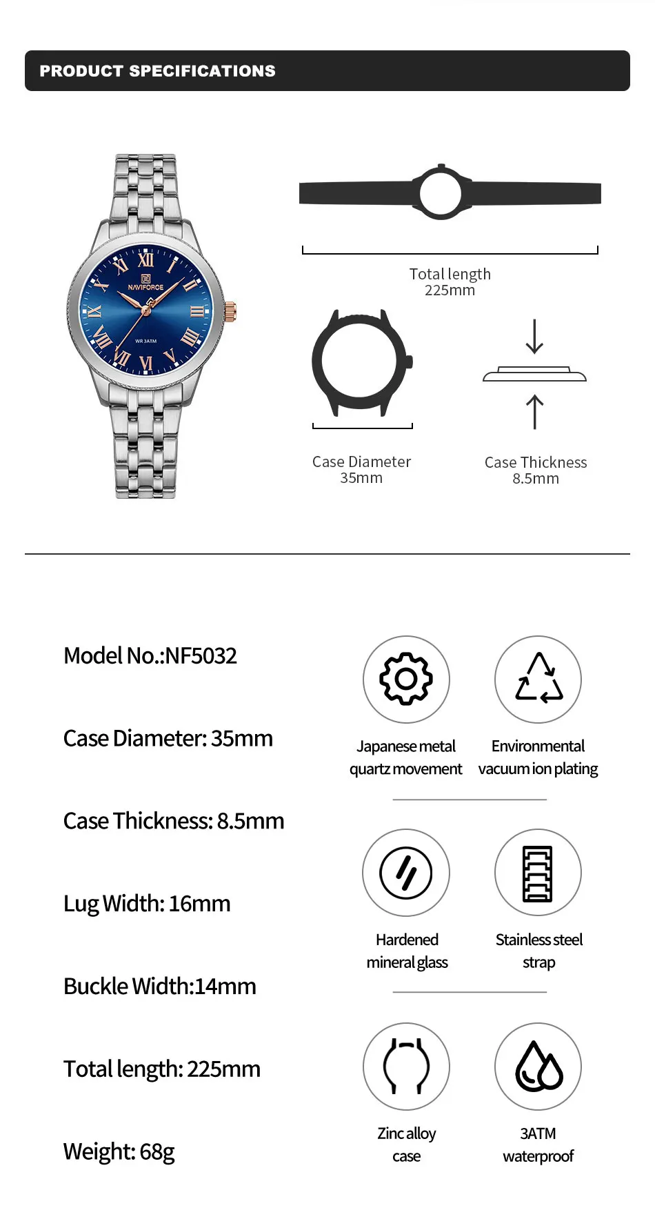 NAVIFORCE 5032 SBS China factory OEM high quality luxury fashion watch for women stainless steel band 30m waterproof wristwatch