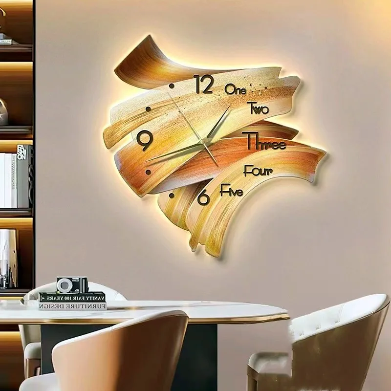 New Trend Modern Abstract green orange uv cutting edge hand-crafted wall home LED with clock decor for living room wall decor