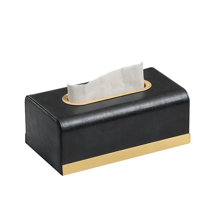 MAVOBO Luxury Retro Hotel Rectangle Paper Tissue Napkin Box Cover Round Corners Holder with Brass Buckle Leather Tissue Box