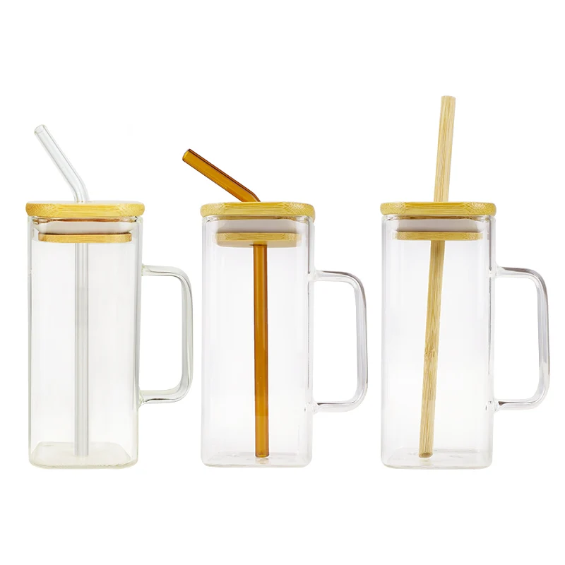 new arrival 400ml 12 oz 13oz  clear glass beer cup square glass coffee mug with bamboo lid handle