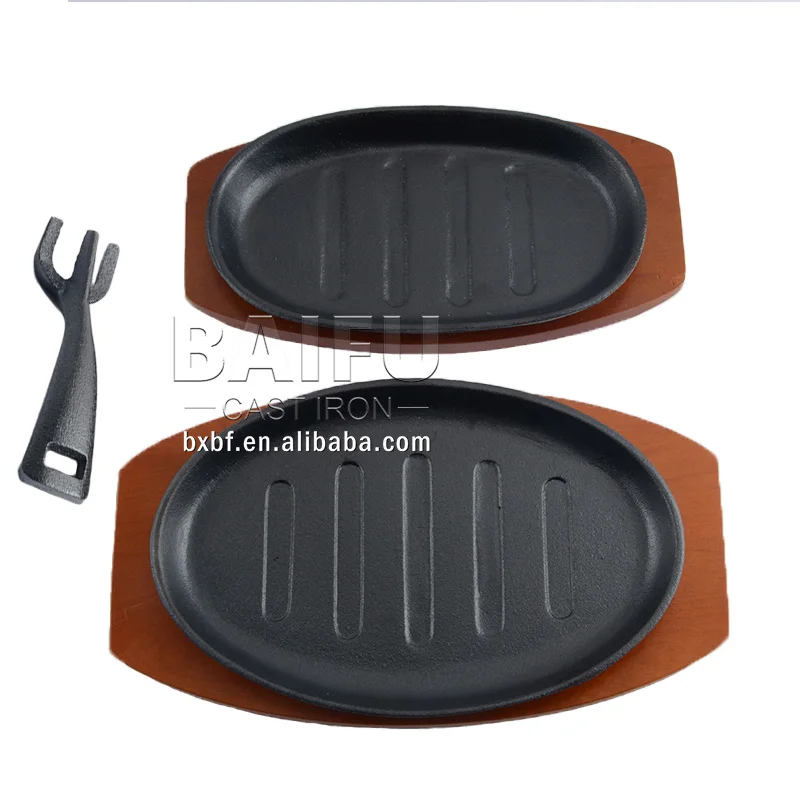 Cast Iron Steak Skillet Fajita Sizzling Pan 10in Hot Dish Sizzling Plate Serving Platter with Wooden Base Plate