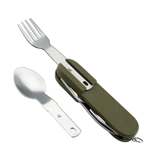 Army Green Folding Pocket Cutlery Stainless Steel Camping Tableware Knife Fork Spoon Bottle Opener