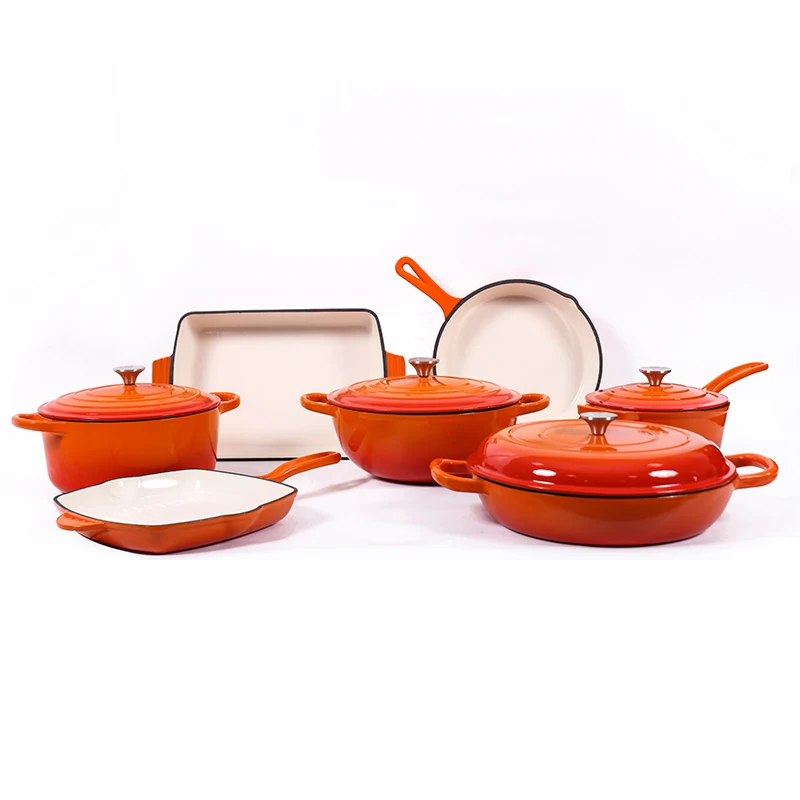 Factory Supply Customizable kitchen red enamel cast iron pans and iron pots cast cookware set