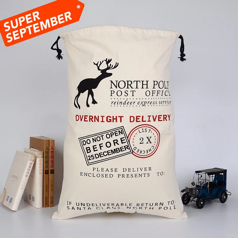 2022 Hot Selling Large Drawstring Pouches Christmas Eco friendly Cotton Bag Reindeer Santa Sacks Christmas Gift Bags