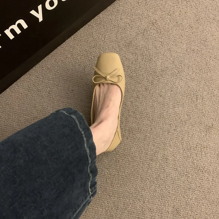 Chunky single 2024 spring and autumn new square head bow French ballet flat shoes for women