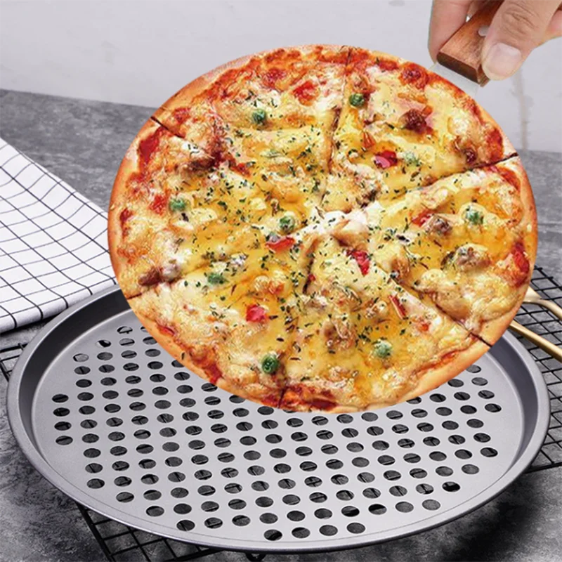 Perforated crisper pan round pizza tray nonstick carbon steel pizza baking pan with handles for ovens