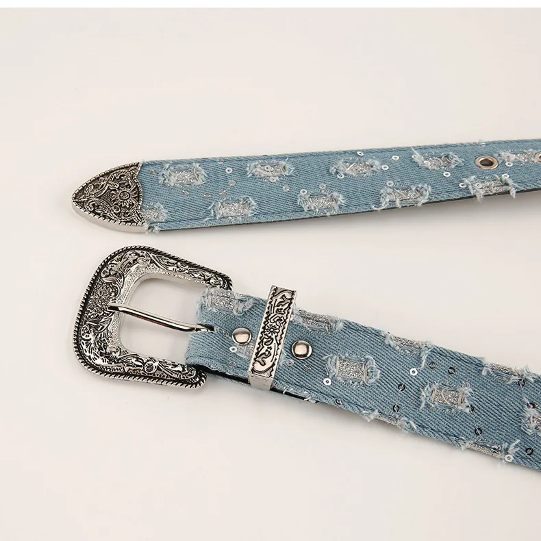 Denim belt retro carved personalized belt decorated Europe and the United States style needle buckle belt