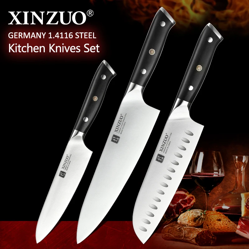3 Pcs high-end Kitchen Chef Knife Set Premium German 1.4116 Carbon Steel Ebony Wood Handle