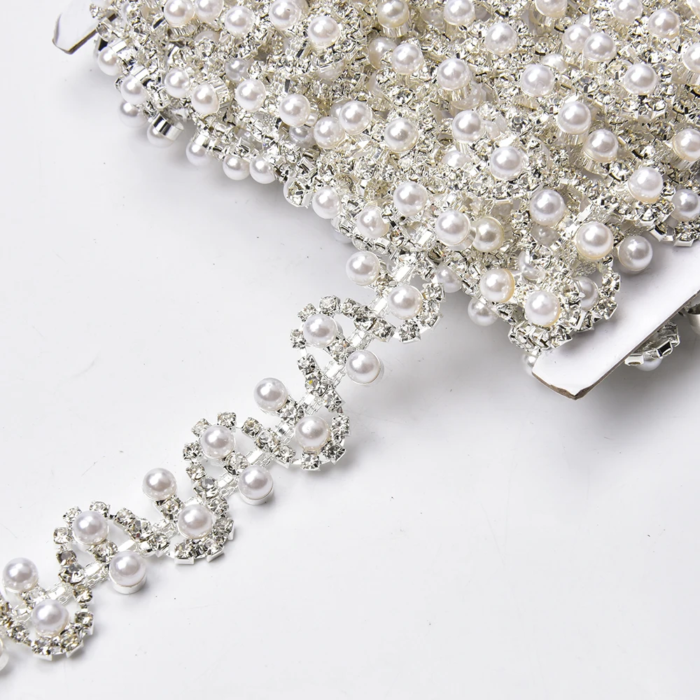 New 2Cm Wide Beautiful Pearl Rhinestone Trim Flatback Crystal Welded Code Chain Diy Wedding Dress Garment Collar Bag Accessories